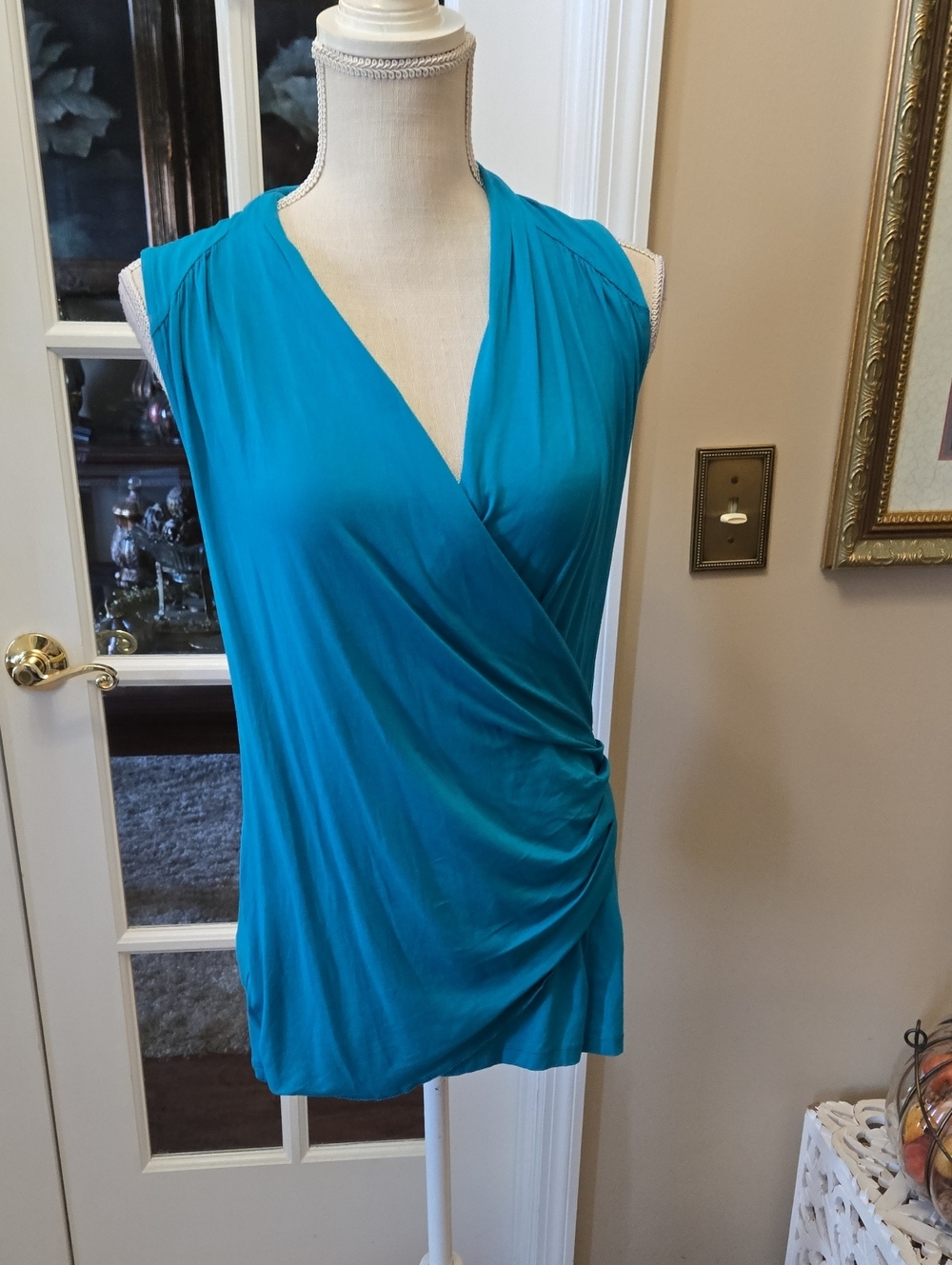 Ann Taylor Teal Sleeveless Wrap-Front Top Stretch V Neck Size Medium NEW W/TAGS